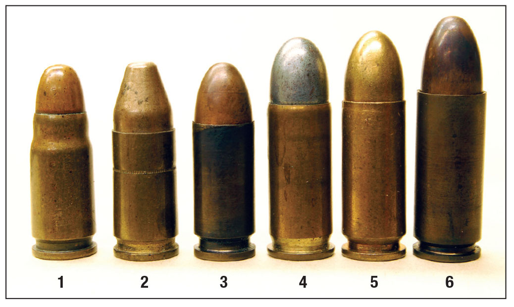 The (1) 7.65 Parabellum was considered  underpowered and led to the (2) 9mm Parabellum, but there were other 9mm cartridges including  (3) 9mm Browning Long, (4) 38 ACP, (5) 9mm Steyr  and (6) 9mm Mauser.